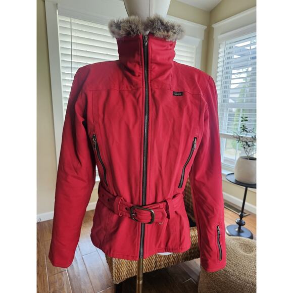 Skea Paris Vail Belted Ski Snow Jacket Women's Size 6 Made in USA Red Faux Fur - Picture 2 of 14